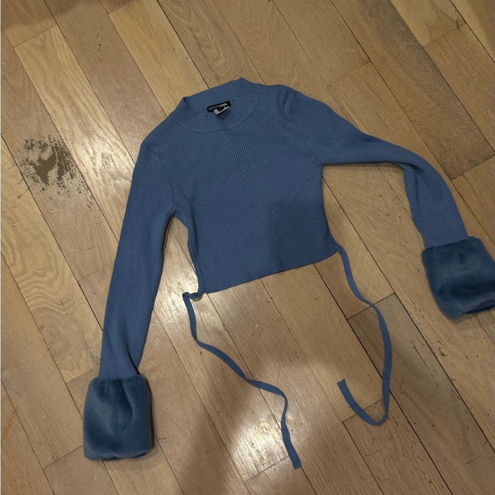 Fashion Nova Blue Ribbed Crop Sweater with Faux Fur Cuffs